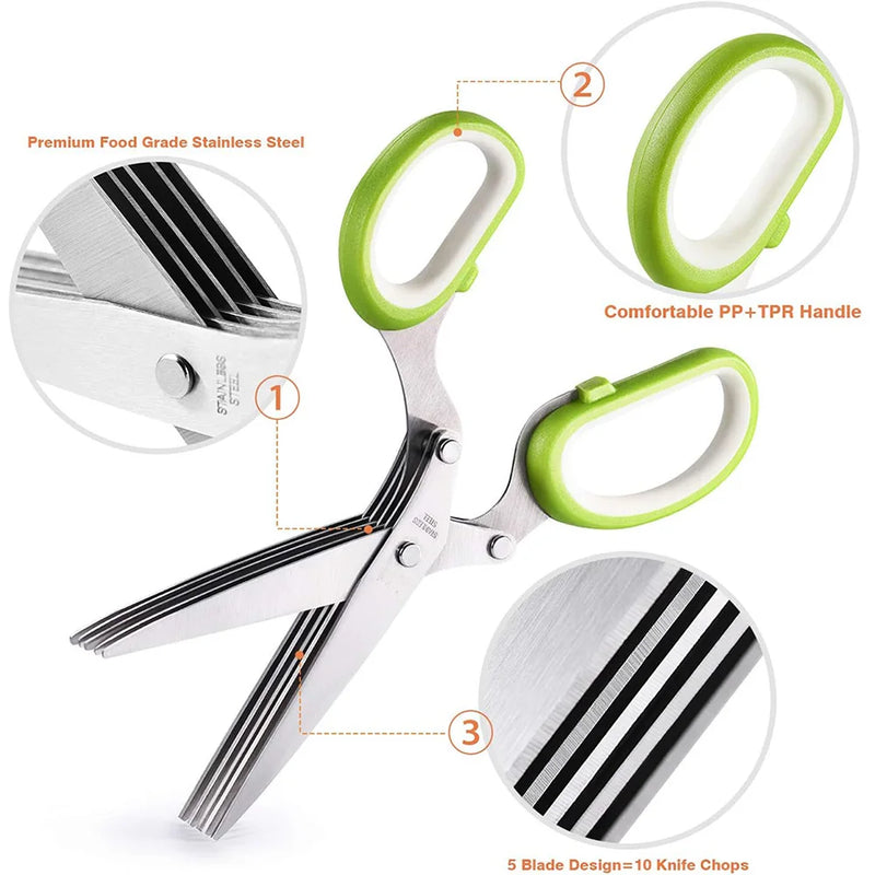 Herb Scissors  Stainless Steel 5 Blade Kitchen Shears Household Vegetable Cutter with Cover Multifunctional Kitchen Gadgets