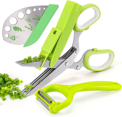 Herb Scissors  Stainless Steel 5 Blade Kitchen Shears Household Vegetable Cutter with Cover Multifunctional Kitchen Gadgets