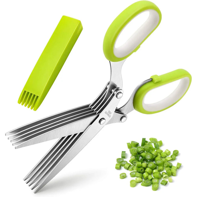 Herb Scissors  Stainless Steel 5 Blade Kitchen Shears Household Vegetable Cutter with Cover Multifunctional Kitchen Gadgets