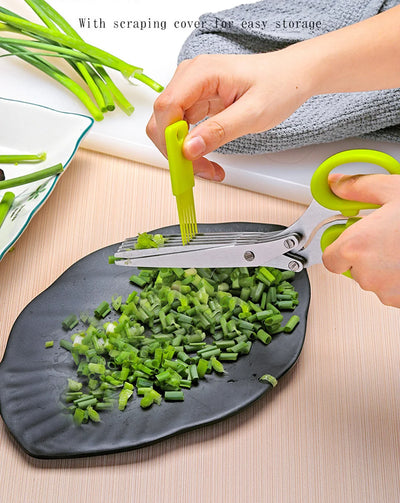 Herb Scissors  Stainless Steel 5 Blade Kitchen Shears Household Vegetable Cutter with Cover Multifunctional Kitchen Gadgets